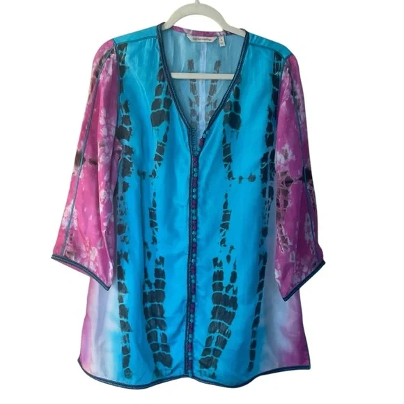 Soft Surroundings Silk Tie-Dye Tunic Top Blue Pink Sheer Button Front Size M - Picture 2 of 8